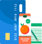 image of credit card, juice box, and notepad